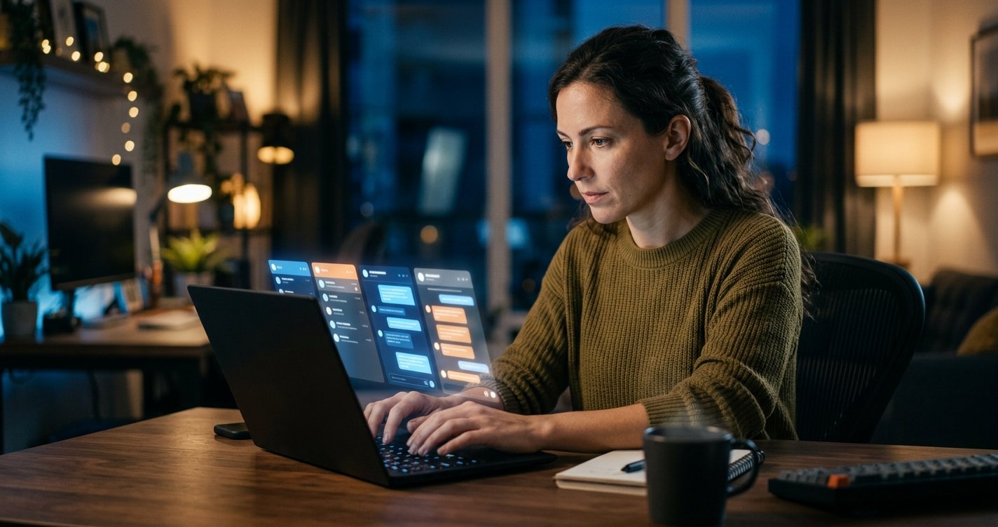 Pessoa a trabalhar num portátil com várias conversas de assistentes de inteligência artificial no ecrã