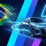 Carro elétrico com raio de energia e bandeira do Brasil em degradê