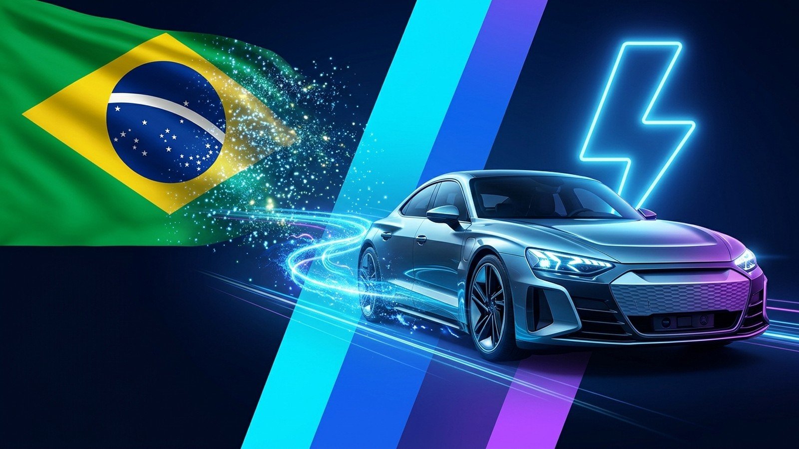Carro elétrico com raio de energia e bandeira do Brasil em degradê